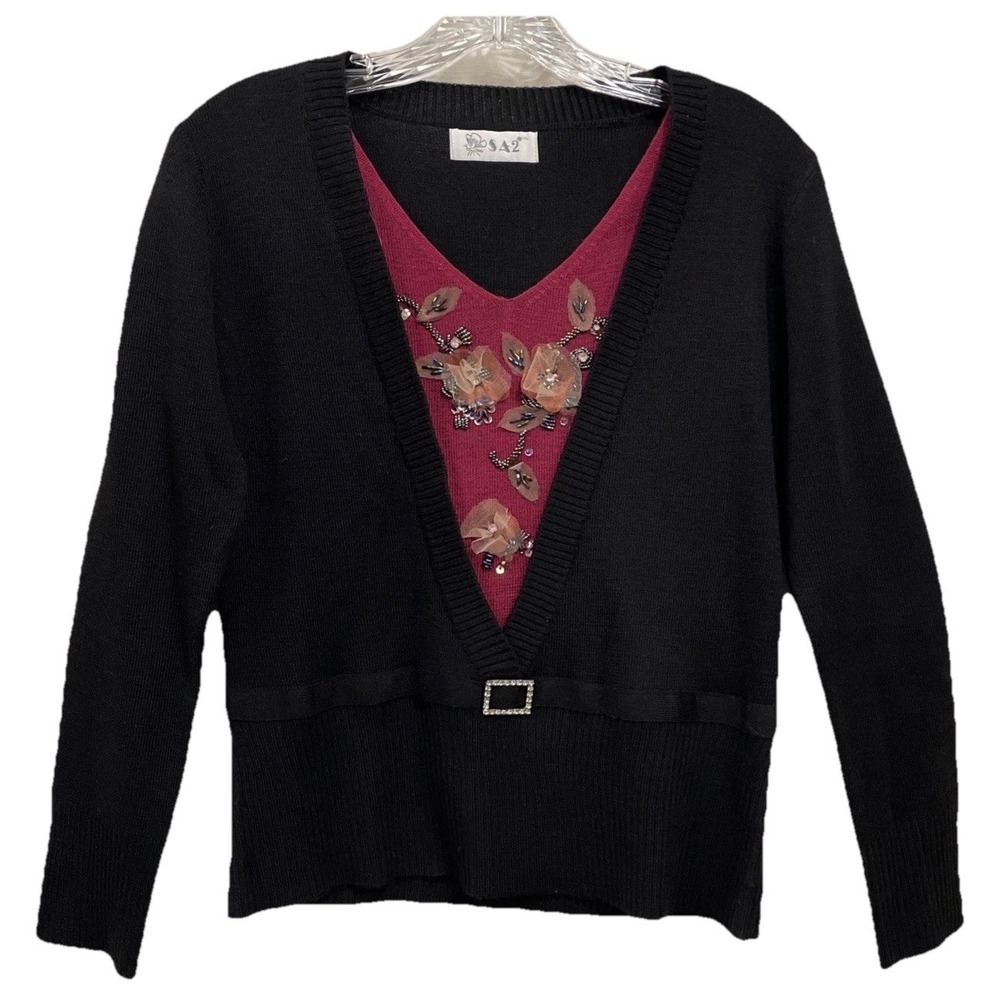 S A 2 Black Long Sleeve Beaded‎ V Neck Pullover Sweater Women's Size Small